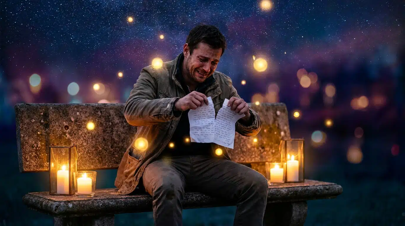 Homme déchirant une lettre sous un ciel étoilé mystique