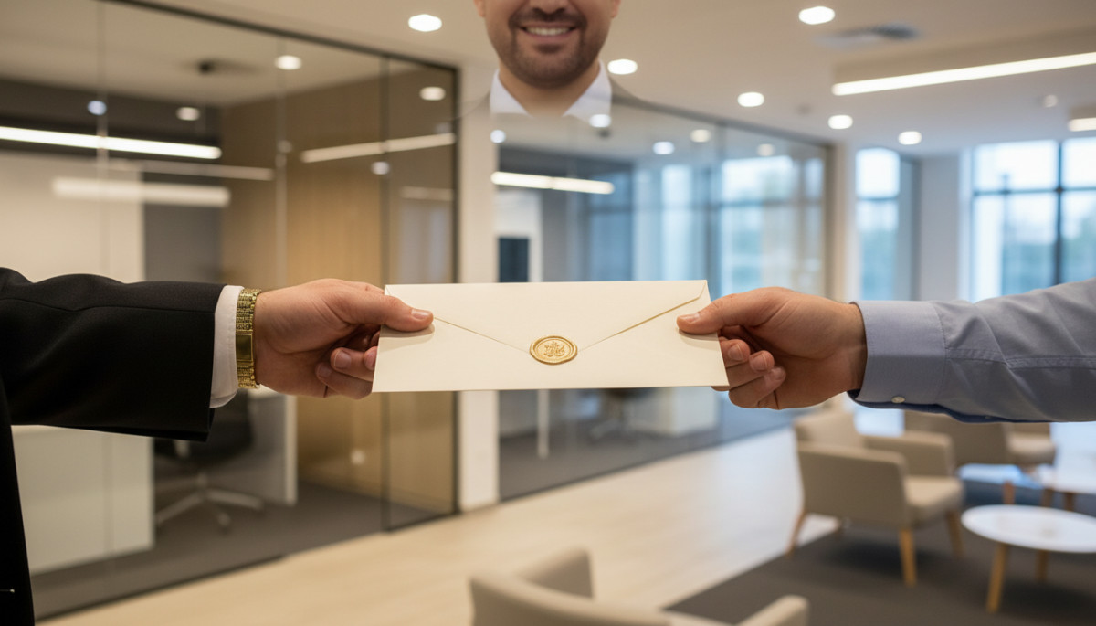 Conseiller bancaire remettant une lettre de clôture à un client