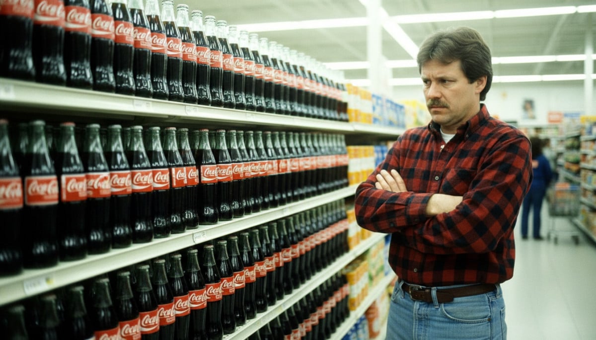 Consommateur mécontent face aux bouteilles de New Coke en 1985