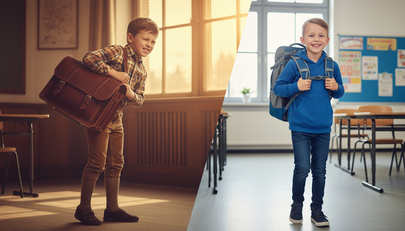 Contraste enfant 70s avec cartable lourd et enfant moderne avec sac ergonomique