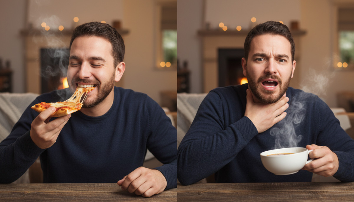 Contraste entre manger pizza et se brûler avec soupe