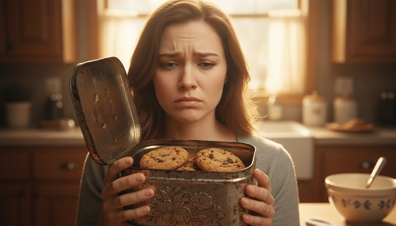 Femme déçue tenant une boîte de cookies durs
