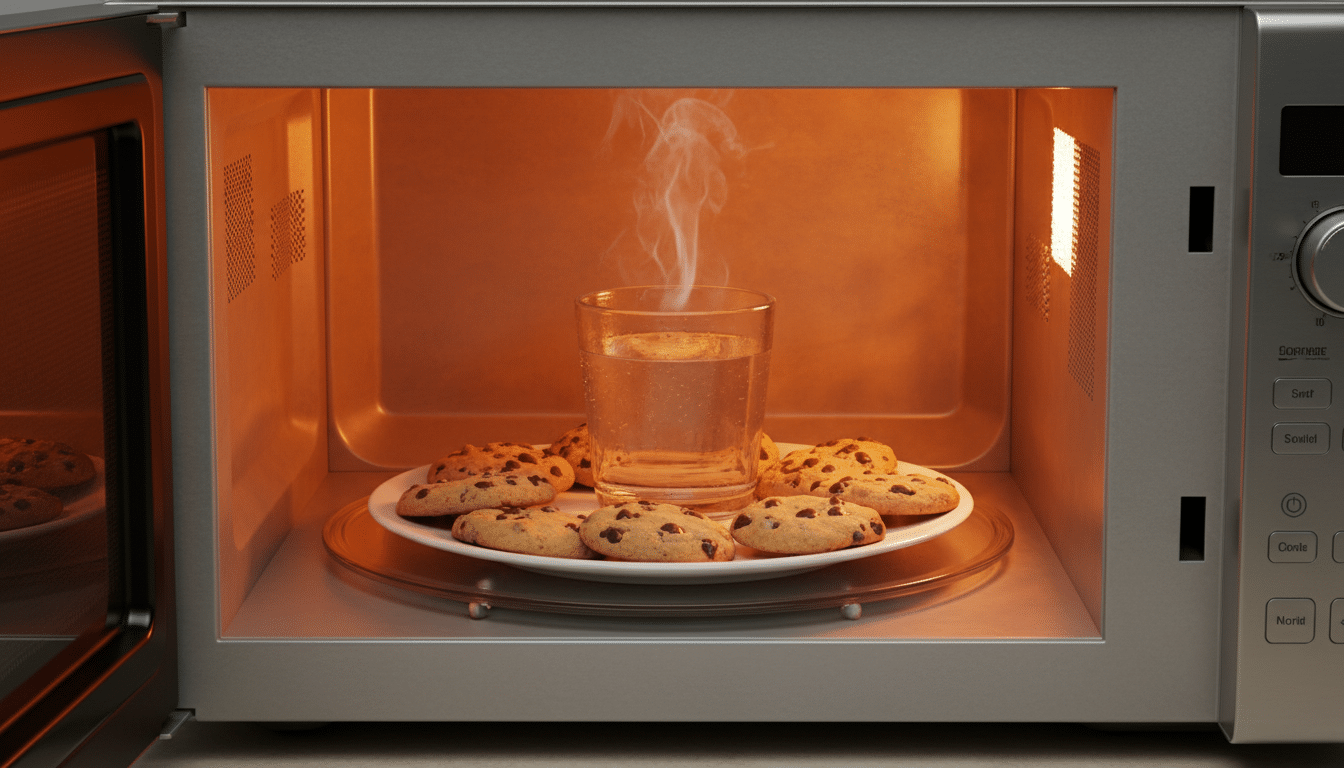 Verre d'eau et cookies dans un micro-ondes