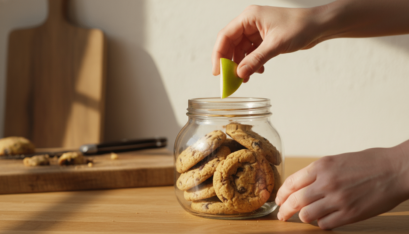 Quartier de pomme placé dans une boîte de cookies