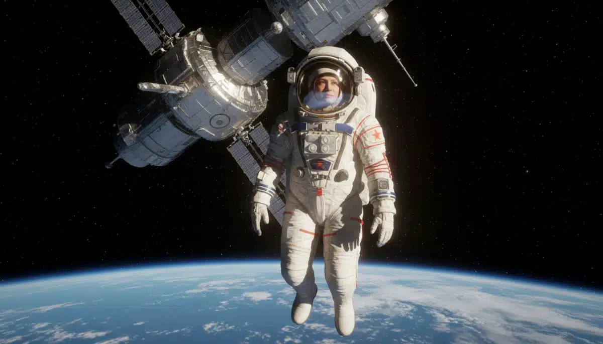 Cosmonaute soviétique en sortie spatiale dans le vide