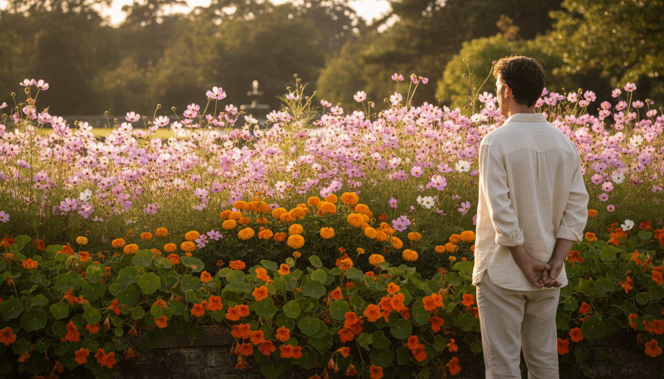 Massif de cosmos capucines et soucis en pleine floraison estivale
