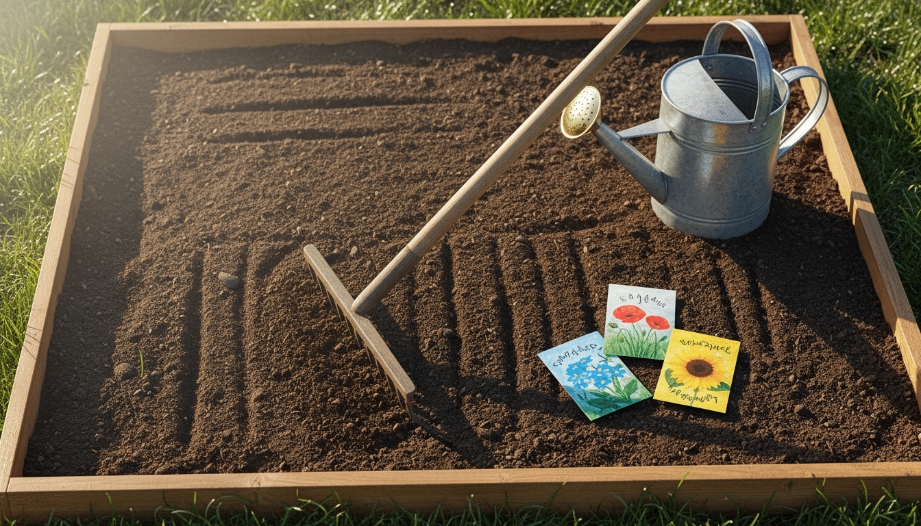 Préparation du sol et sachets de graines pour semis de printemps