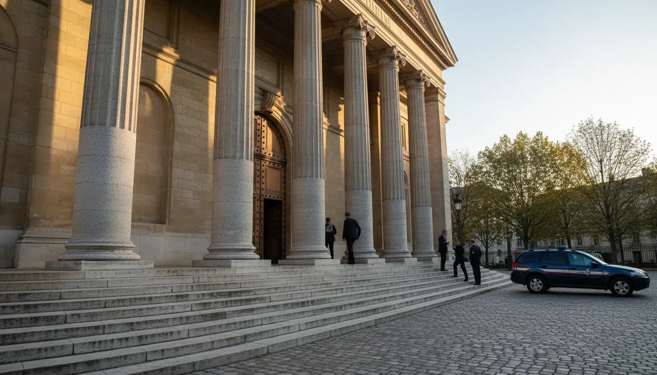 Façade d'un tribunal français avec véhicule de gendarmerie