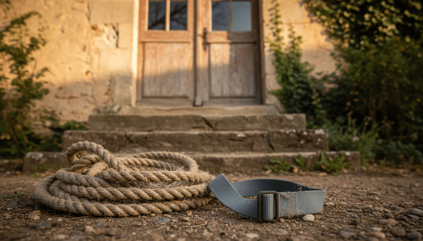Corde et sangle au sol devant une maison rurale en Bretagne