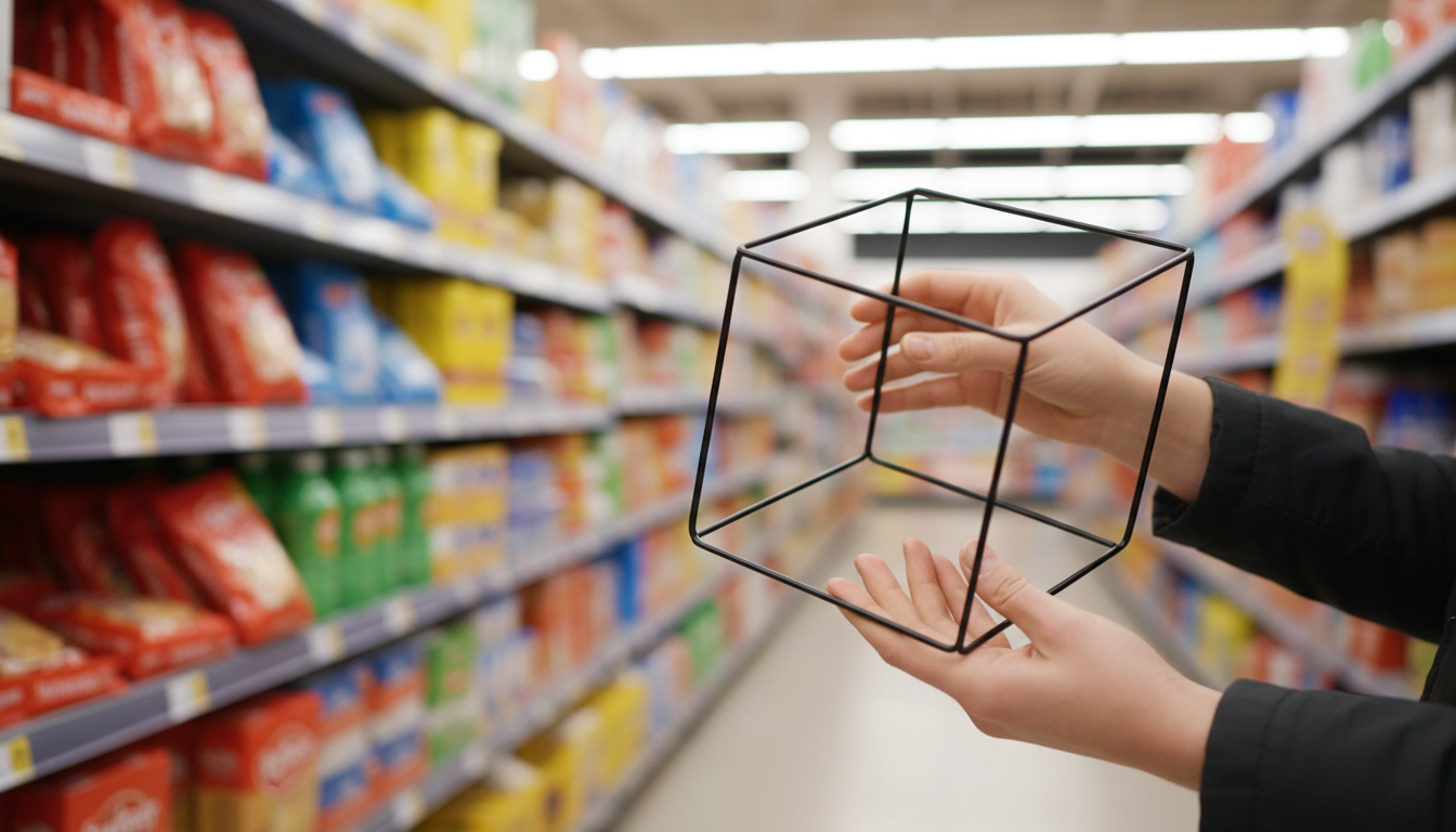 Personne examinant un panier en métal dans un magasin discount