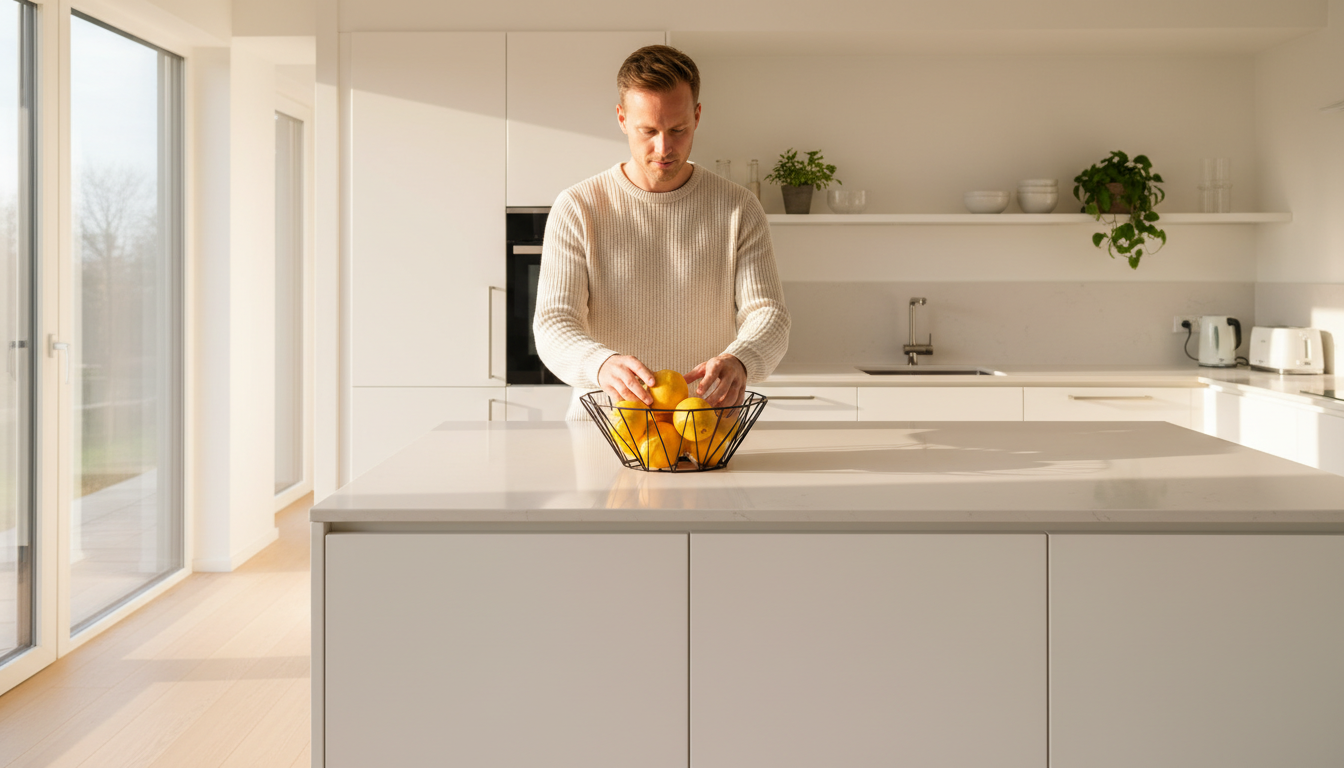 Corbeille à fruits design sur un îlot de cuisine moderne
