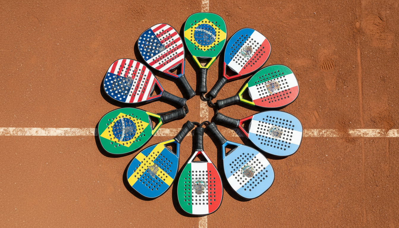 Collection de 12 raquettes de padel adidas aux couleurs de différentes nations, disposées en éventail sur un court en terre battue