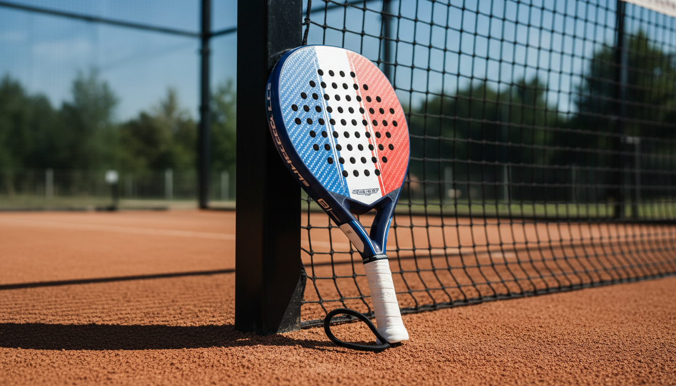 Raquette de padel adidas aux couleurs du drapeau français appuyée contre un filet de court de padel en plein air