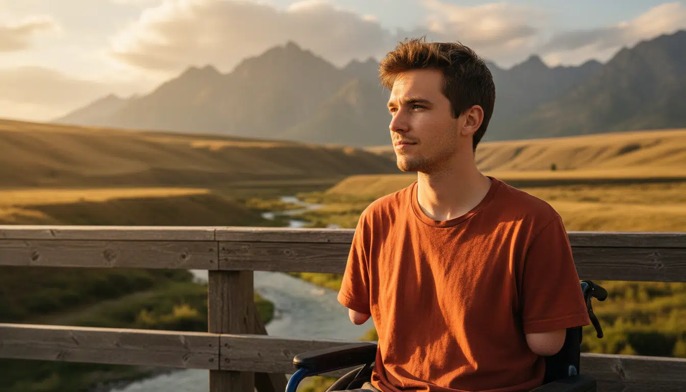 Loren Schauers en fauteuil roulant près d'un pont dans le Montana