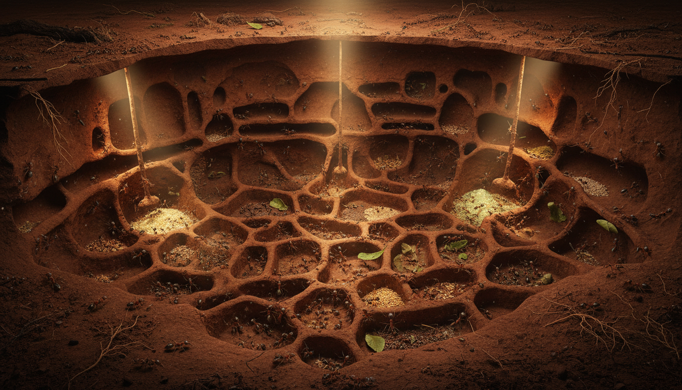 Coupe transversale d'une fourmilière souterraine