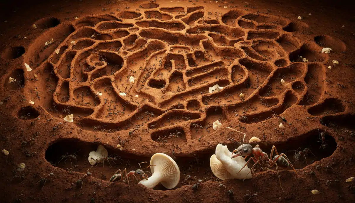Coupe transversale d'une fourmilière souterraine avec champignons cultivés