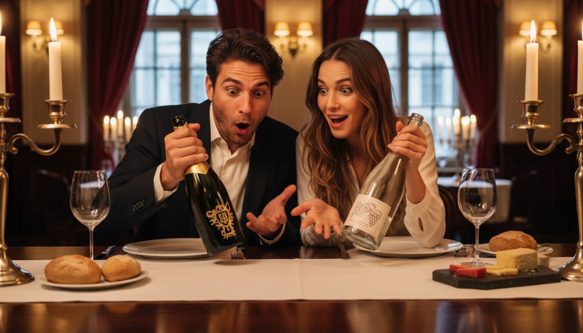 Couple comparant deux bouteilles de champagne à table