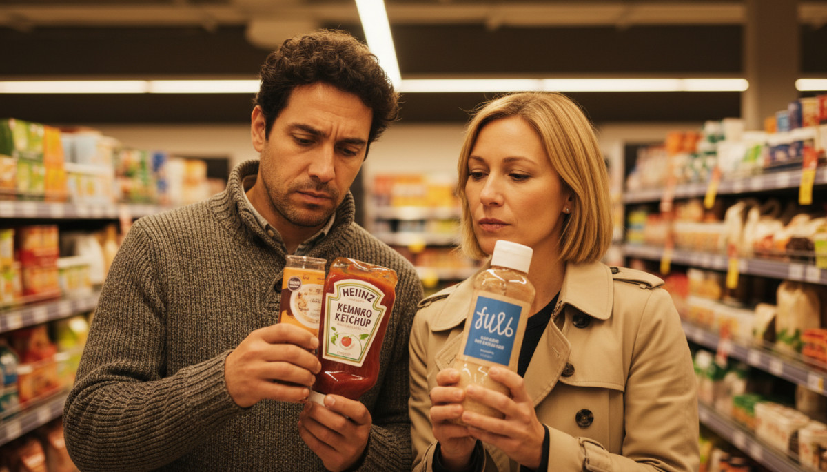 Couple comparant ketchup Heinz et marque distributeur en supermarché