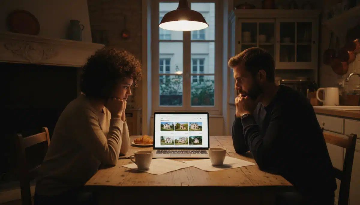 Couple consultant des annonces immobilières sur ordinateur