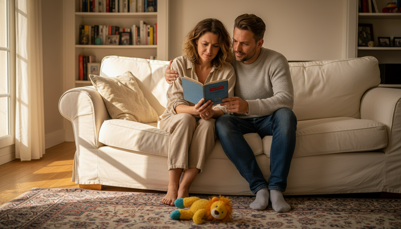 Couple consultant leur livret d'épargne au salon