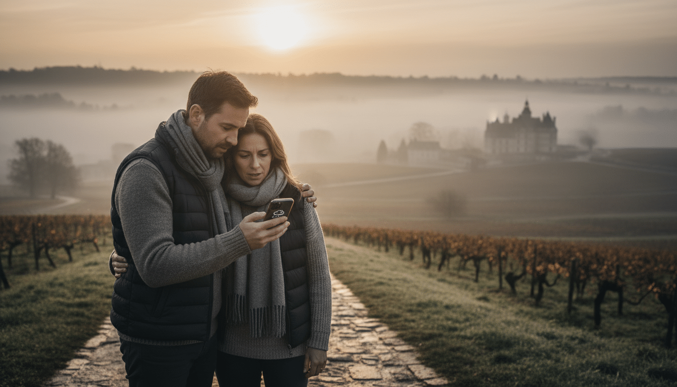 Couple consultant météo sur smartphone dans brouillard matinal