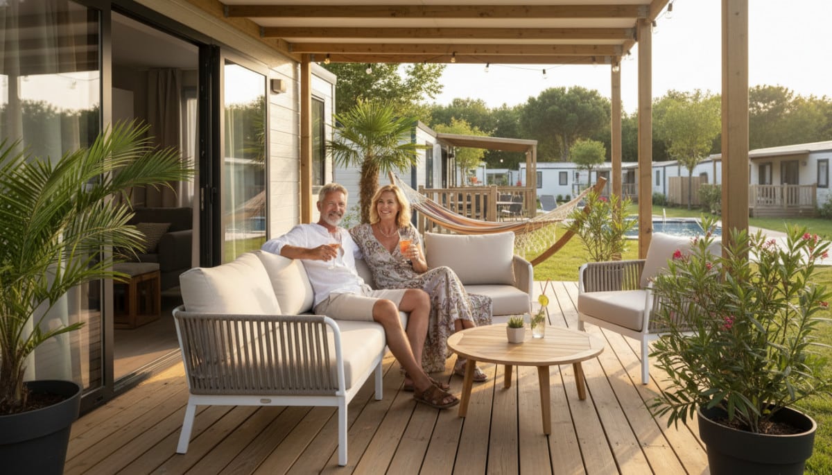 Couple détendu sur la terrasse d'un mobil-home moderne