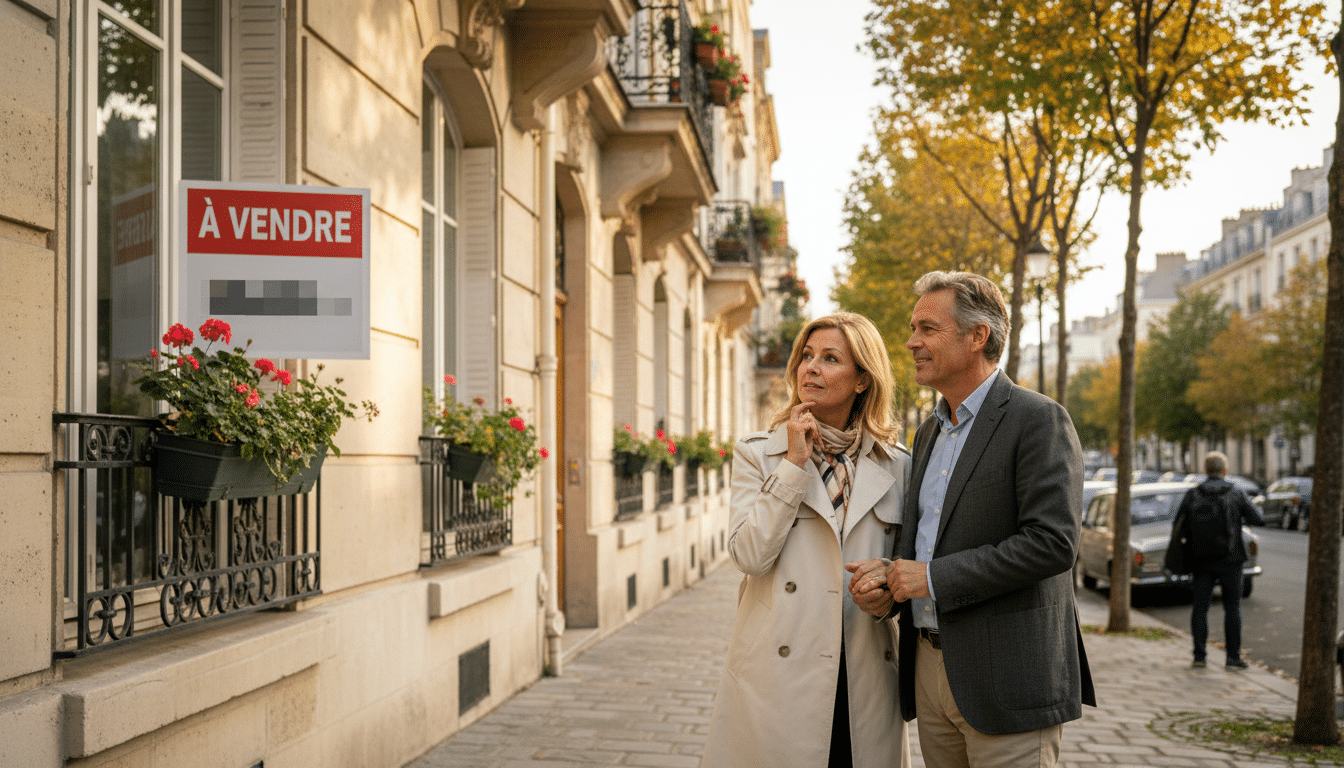 Couple devant une façade parisienne avec panneau à vendre