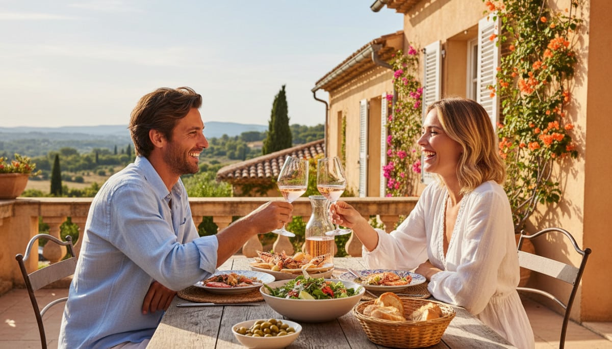 Couple en terrasse ensoleillée dans le sud de la France
