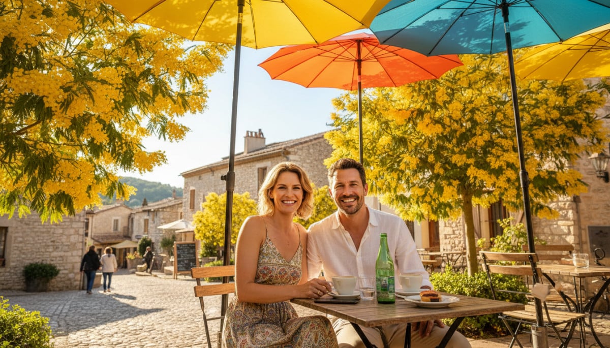 Couple en terrasse ensoleillée dans le Sud de la France