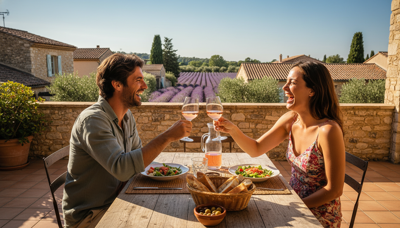 Couple en terrasse ensoleillée dans le sud de la France