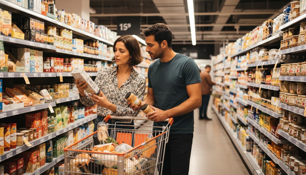 Couple faisant les courses au supermarché avec caddie plein