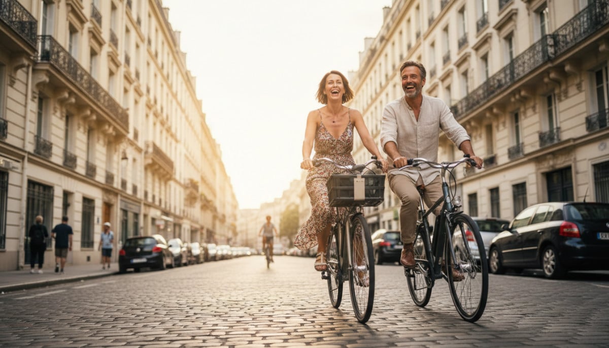 couple français roulant à vélo électrique en ville