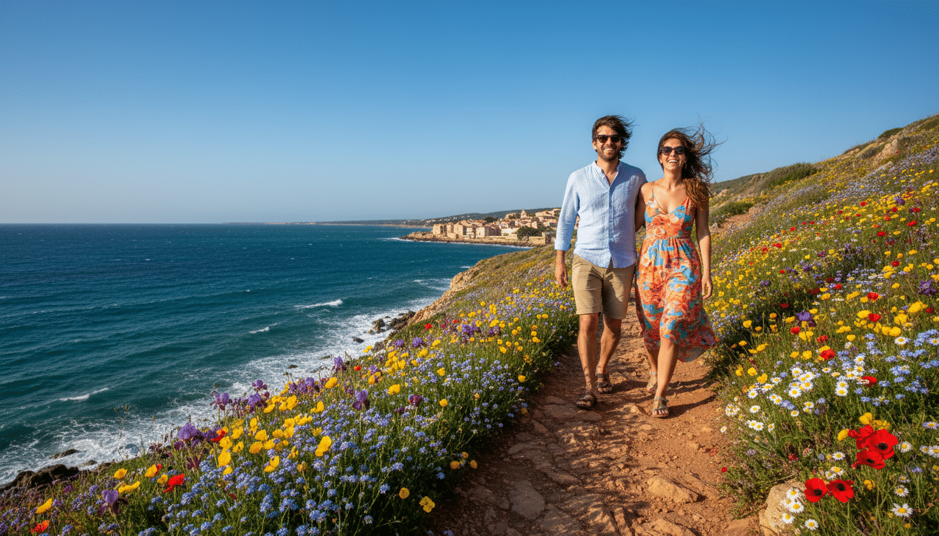 Couple marchant sous le mistral en bord de Méditerranée