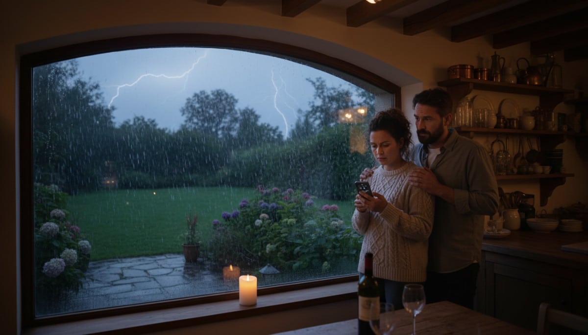 Couple regardant la pluie du week-end depuis leur fenêtre