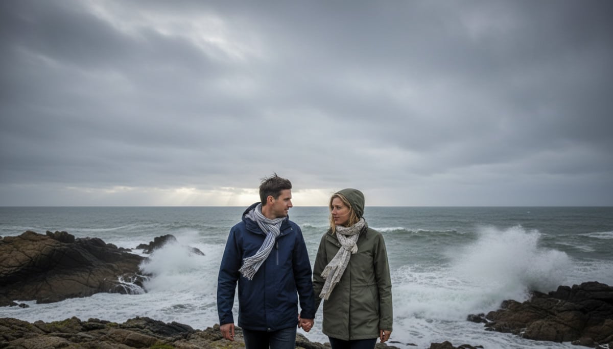 couple se promenant sur la côte bretonne nuageuse