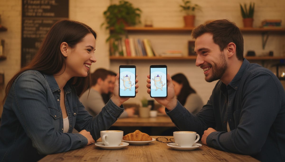Couple souriant devant des GIF dans un café