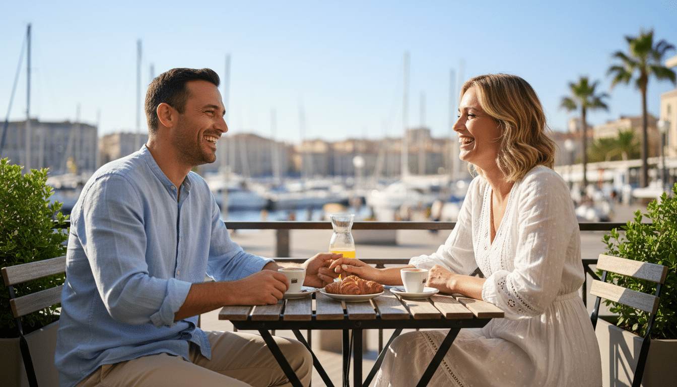 Couple souriant en terrasse ensoleillée dans le Sud
