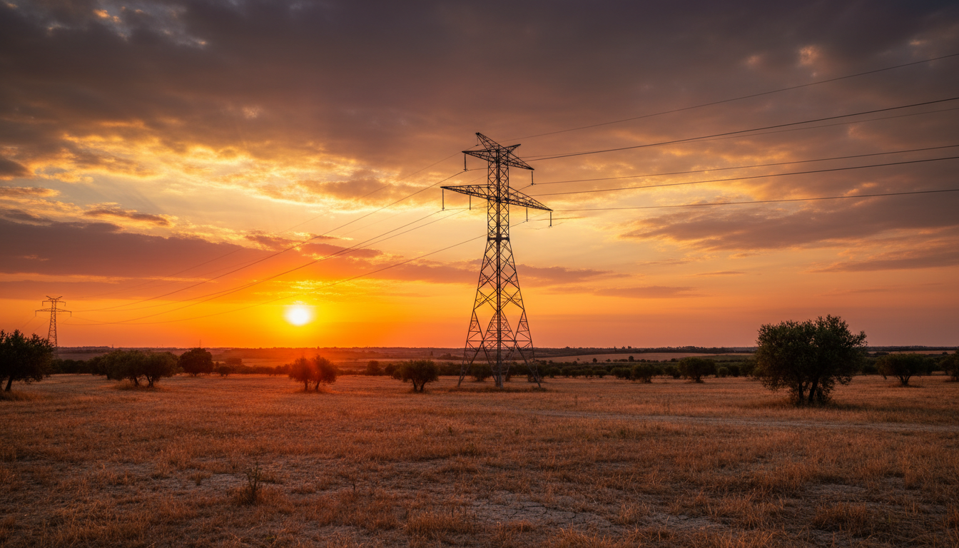 Pylône électrique haute tension au coucher du soleil en été
