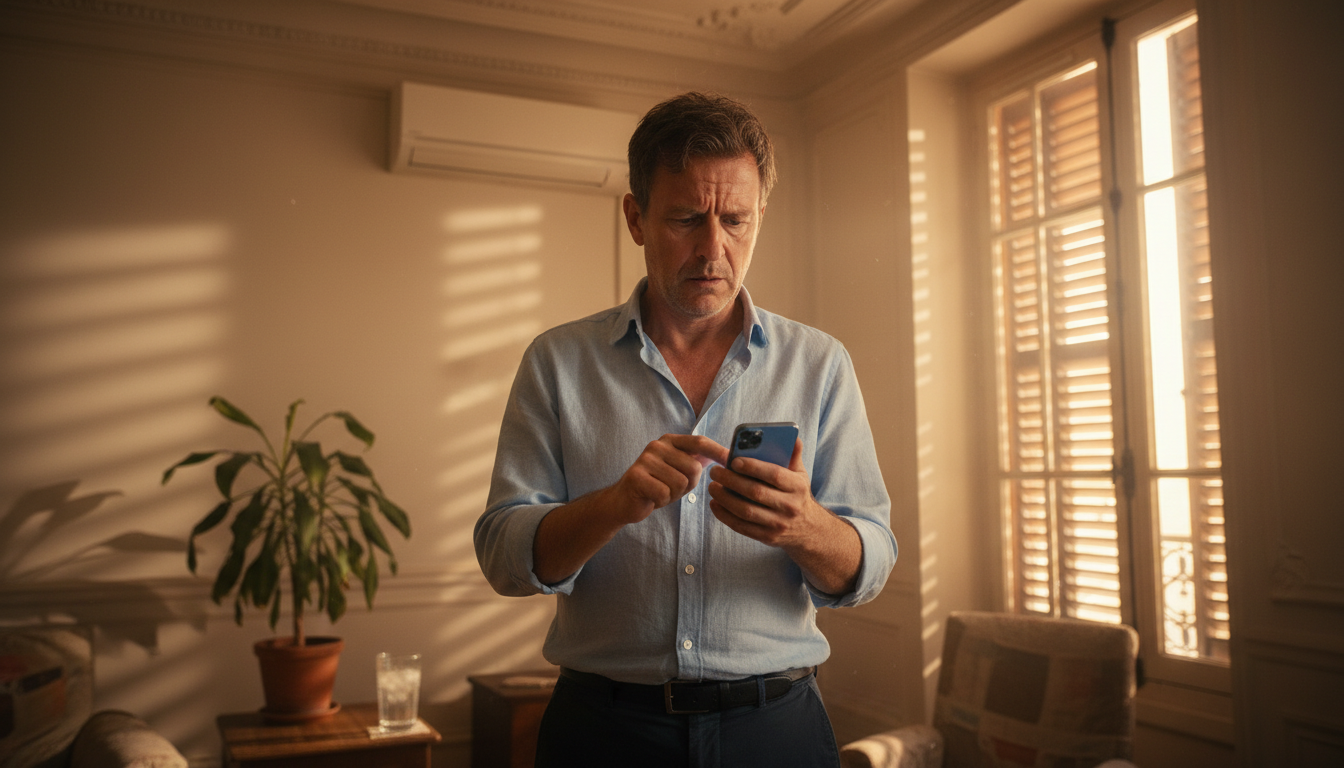 Homme inquiet consultant l'application Écowatt sur son téléphone