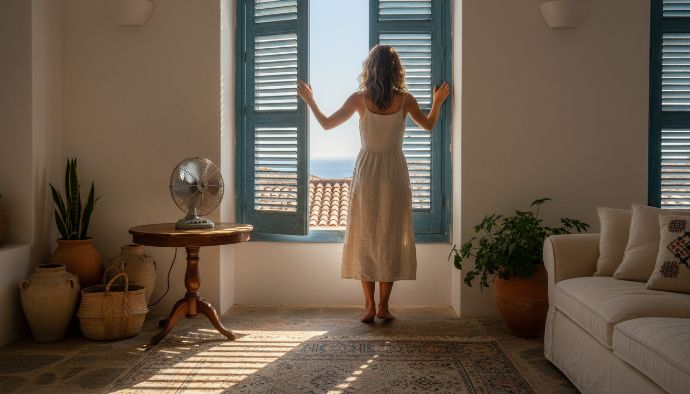 Femme fermant ses volets en pleine canicule pour économiser l'énergie