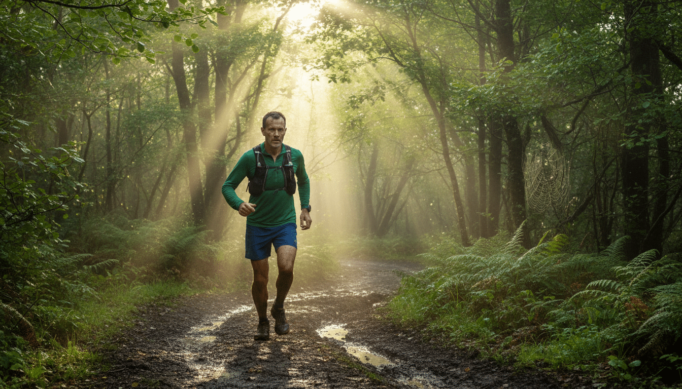 Coureur de trail en forêt française