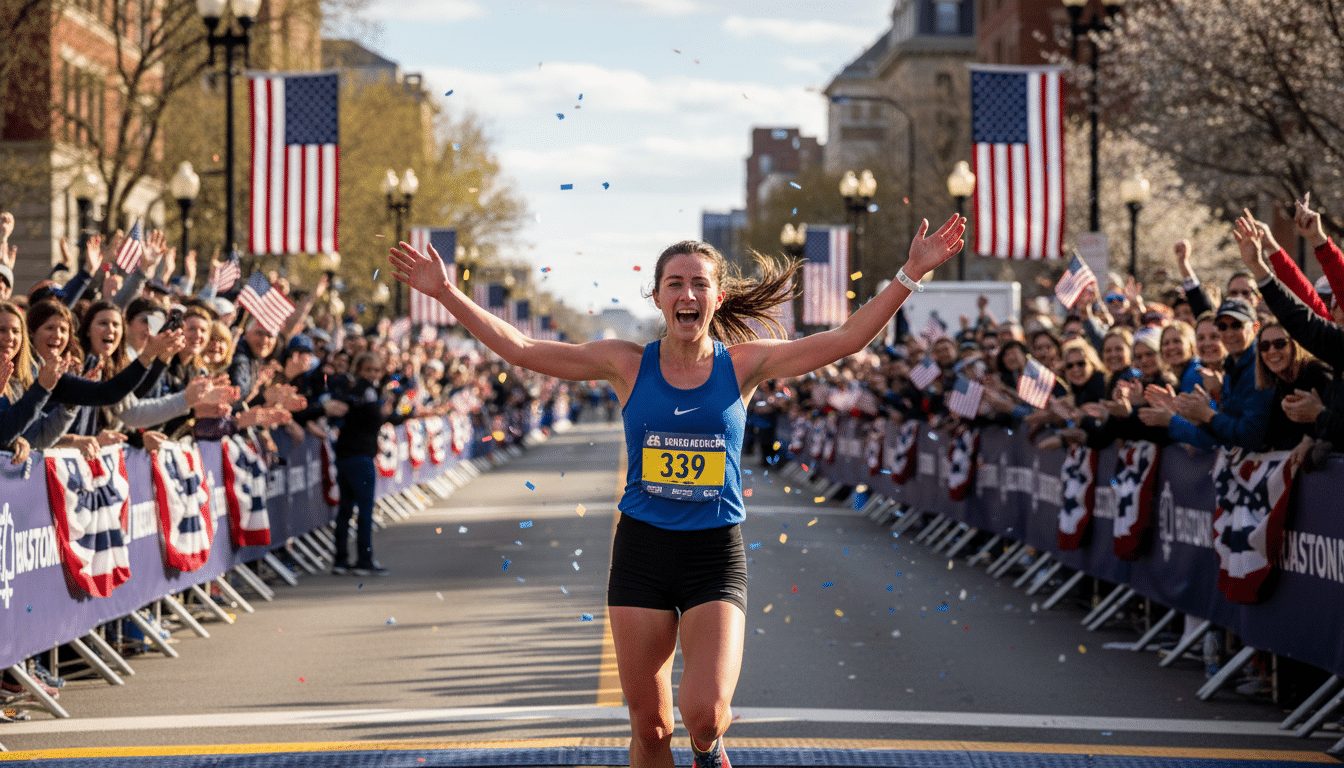 Coureuse franchissant la ligne d'arrivée du marathon de Boston