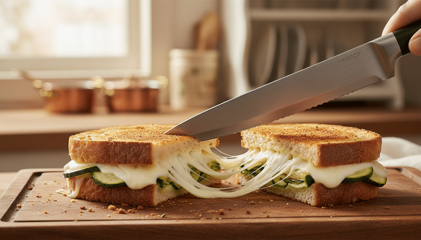 Croque courgette mozzarella coupé avec fromage filant