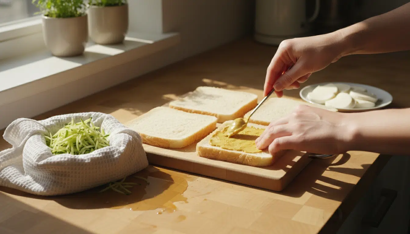 Préparation du croque avec moutarde et courgette essorée