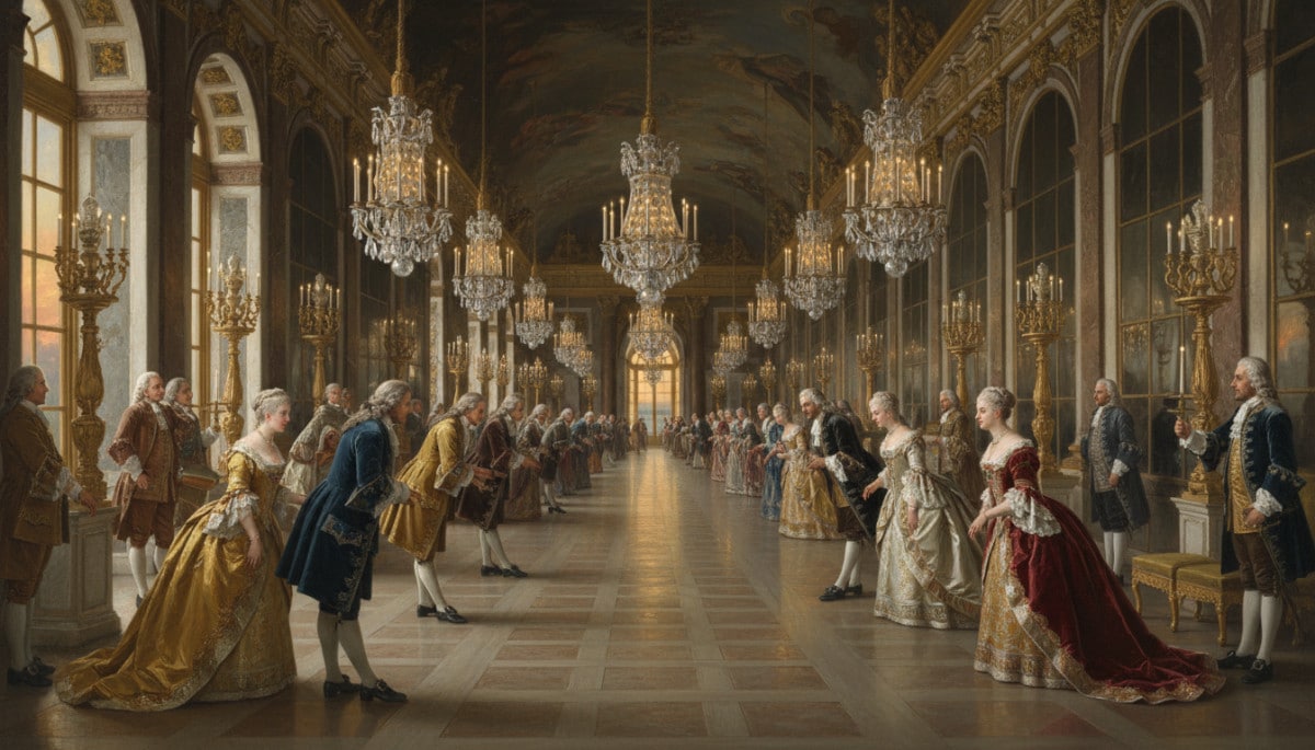 Courtisans versaillais échangeant des salutations formelles