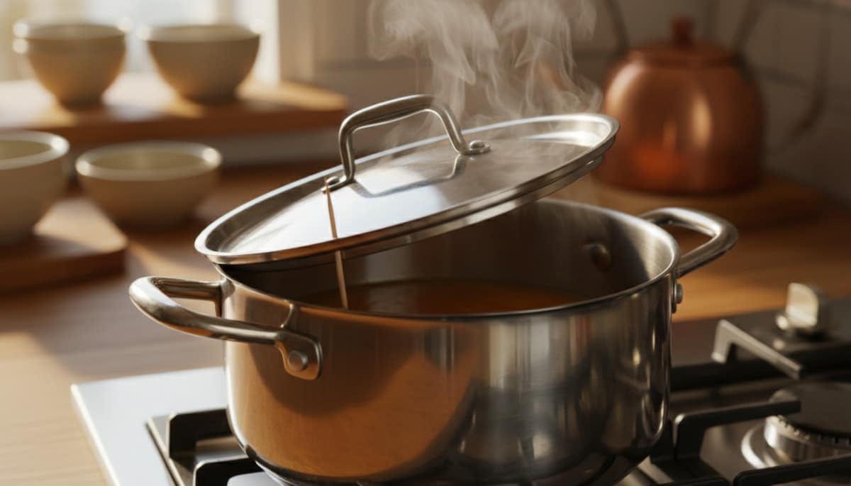 Couvercle légèrement surélevé par un cure-dent avec vapeur qui s'échappe