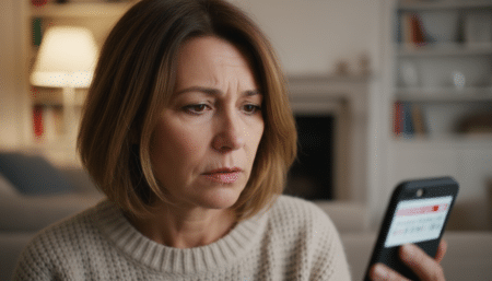 Femme inquiète consultant les nouvelles sanitaires sur son téléphone