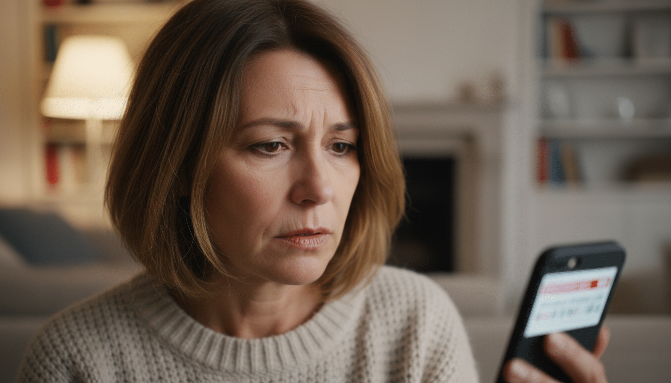 Femme inquiète consultant les nouvelles sanitaires sur son téléphone