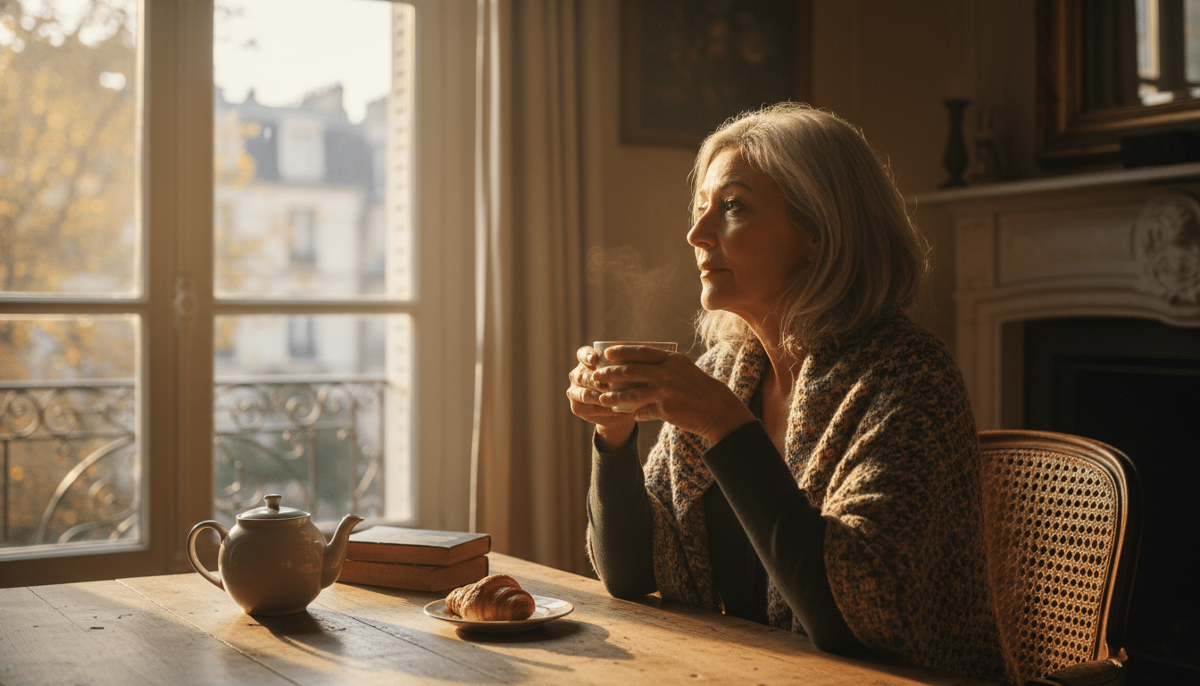 Femme pensive à son domicile avec lumière dorée