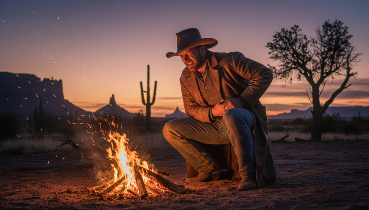 Cow-boy accroupi près du feu brûlé par le rivet du jean